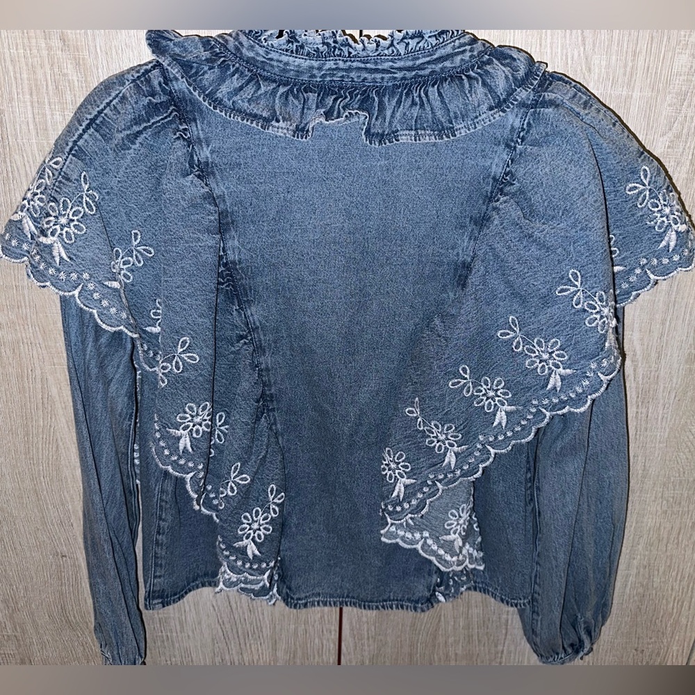 River Island Denim Ruffle Button Up Shirt NWT Small - Picture 6 of 9
